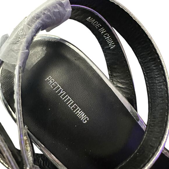 PrettyLittleThing Silver Metallic Thick Strap Block Heel Shoe Glam New Size 9 - Picture 7 of 7